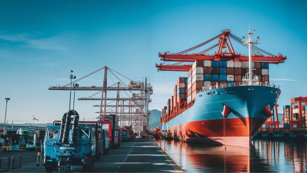 A large cargo ship loaded with colorful shipping containers is docked at a busy port, with cranes, trucks, and bright blue sky in the background.